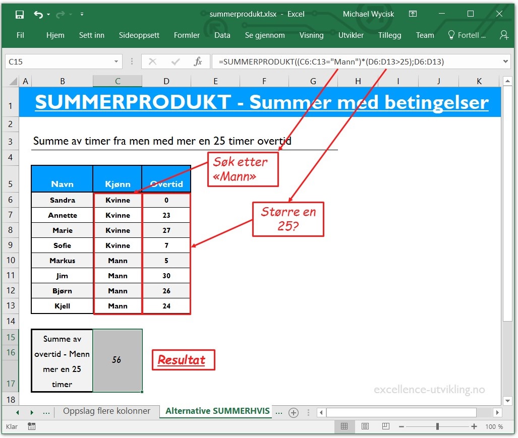 Du kan bruke vanlige operatorer med SUMMERPRODUKT. Excel går her først gjennom C6:C13 og sjekker om det står «Mann» i cellen. Deretter sjekkes om verdiene i D6:D13 er større en 25. Bare når begge tester er SANN multipliseres verdien i D6:D13 med 1 og adderes til summeproduktet.